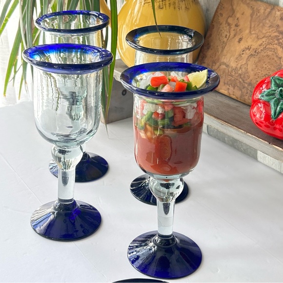 🌴Showy Cobalt Blue Rim Mexican Glass Goblets | Mouth Blown| Set of 4 | NWOT - Picture 1 of 13